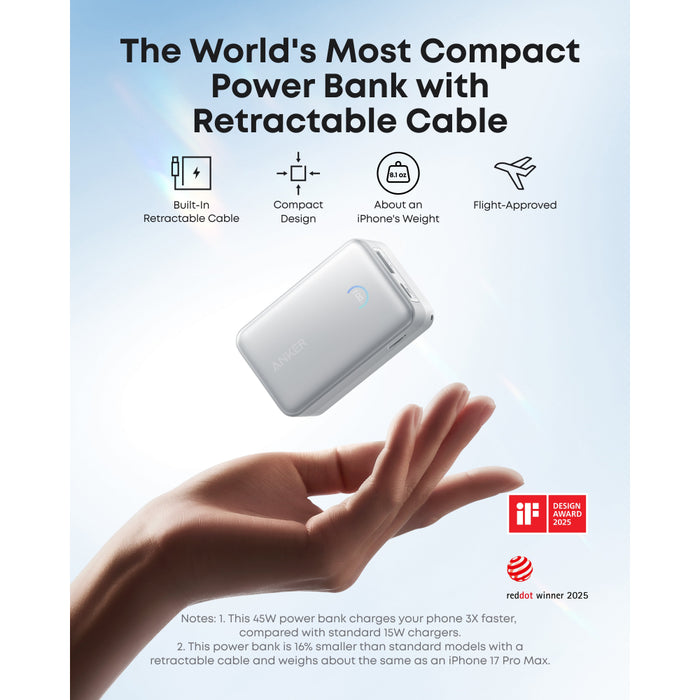 Anker Nano Power Bank (10,000mAh, 45W) with Built-In Retractable USB-C Cable