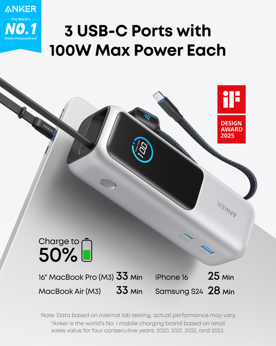 Anker Power Bank 25000mAh, 165W, Built-in USB-C Cables