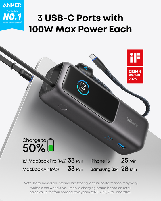 Anker Power Bank 25000mAh, 165W, Built-in USB-C Cables